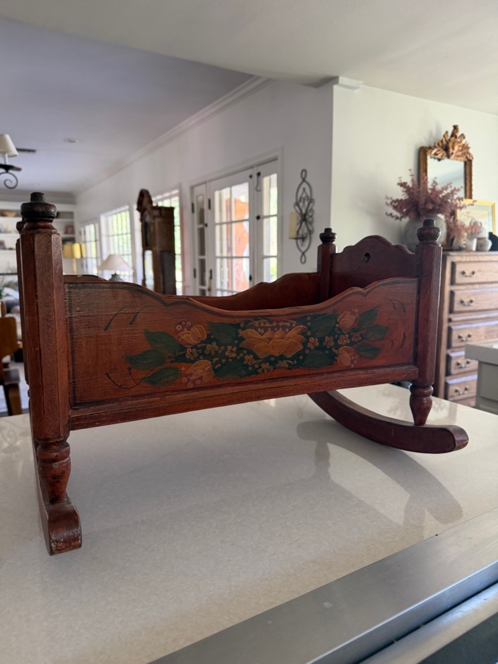 Antique Handcarved Wooden Rocking Cradle with Hand-Painted Couple - Picture 7 of 11